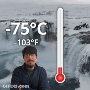 Man In Front Of Waterfall With -85°F Thermometer GIF