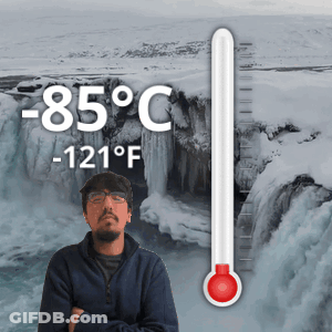 Man In Front Of Waterfall With Thermometer -85°F GIF