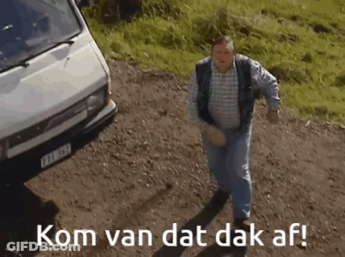 Man In Front Of White Van Saying Kom Van Dat Dak Af GIF