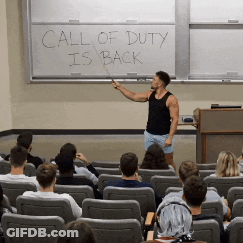 Man In Front Of Whiteboard Saying Call Of Duty Is Back GIF