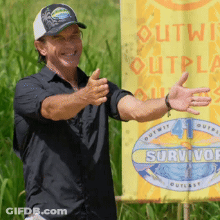 Man In Front Of Yellow Sign Saying Outwit Outplay Survivor GIF