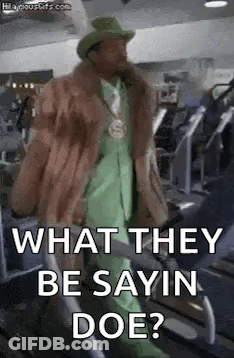 Man In Fur Coat And Green Suit On Treadmill GIF