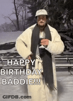 Man In Fur Coat And Scarf Holding Wine Saying Happy Birthday Baddie GIF