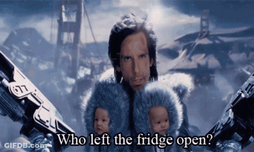 Man In Fur Coat Holding Two Babies Says Who Left The Fridge Open GIF