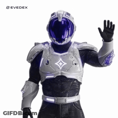 Man In Futuristic Suit And Purple Helmet Waving GIF