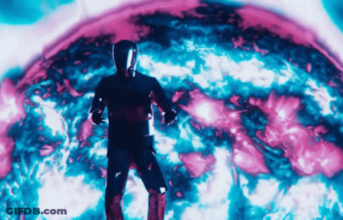 Man In Futuristic Suit Before Purple Blue Sphere GIF
