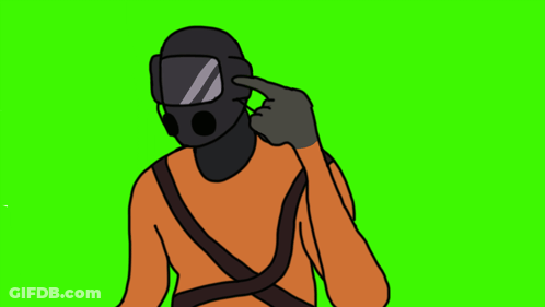 Man In Gas Mask And Goggles Pointing Up GIF