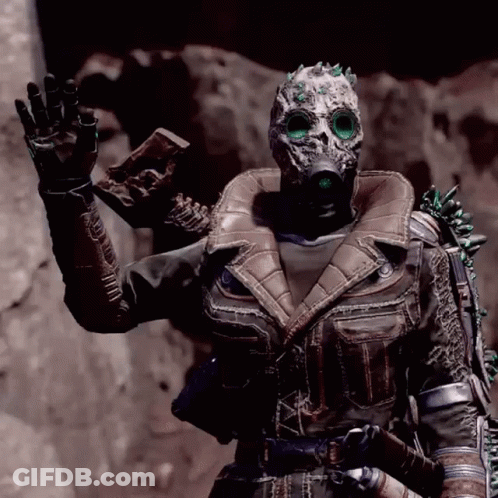 Man In Gas Mask And Leather Jacket Waving GIF