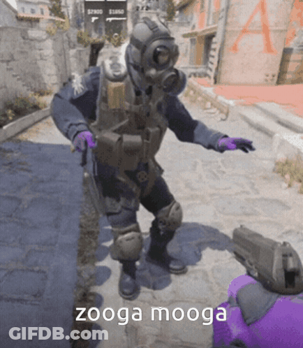 Man In Gas Mask And Purple Gloves Holding Gun Zooga Mooga GIF
