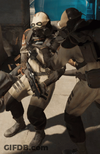 Man In Gas Mask Holding Gun Next To Another Person GIF