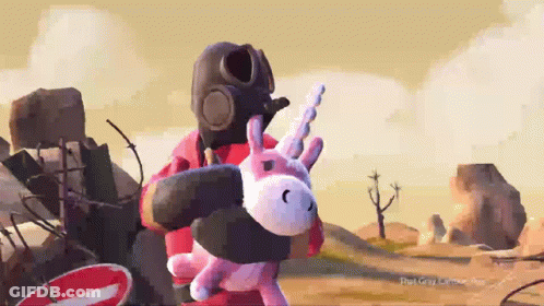 Man In Gas Mask Holding Stuffed Unicorn GIF