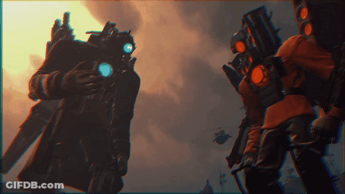 Man In Gas Mask Next To Man In Red Shirt GIF