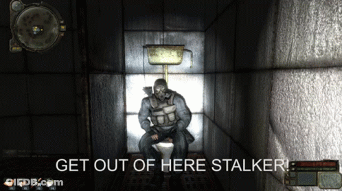 Man In Gas Mask Sitting On Toilet Get Out Of Here Stalker GIF