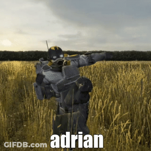 Man In Gas Mask Standing In Field With Name Adrian GIF