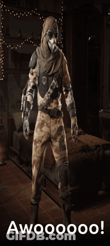 Man In Gas Mask Standing In Front Of Bed Saying Awooooo GIF