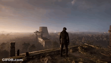 Man In Gas Mask Standing On Hill Overlooking Landscape GIF