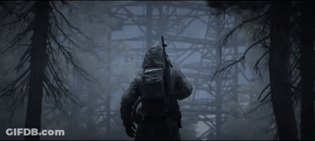 Man In Gas Mask Walking Forest Gun GIF