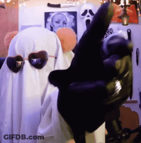 Man In Ghost Costume With Sunglasses On Head GIF