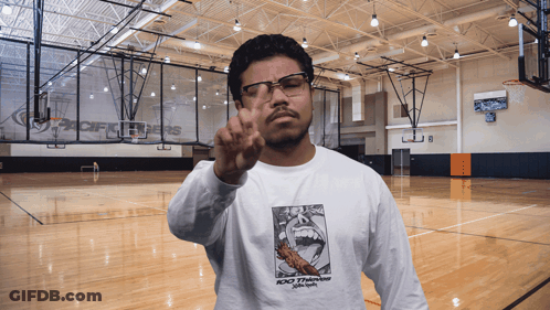 Man In Glasses And 100 Thieves Shirt Giving Peace Sign GIF