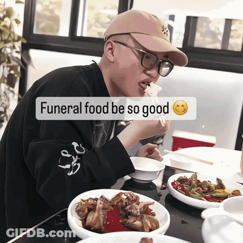 Man In Glasses And Hat Eating Funeral Food Be So Good GIF