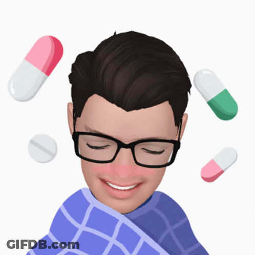 Man In Glasses And Plaid Blanket Surrounded By Pills GIF