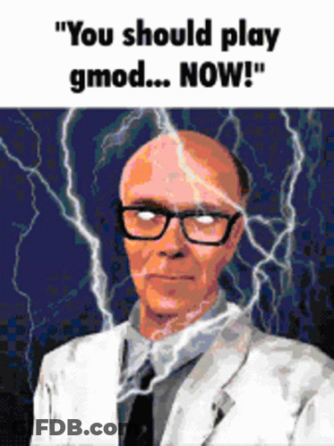 Man In Glasses And White Suit Surrounded By Lightning Says You Should Play Gmod Now GIF