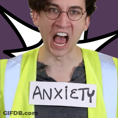 Man In Glasses And Yellow Vest With Anxiety Sign GIF