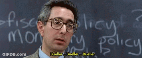 Man In Glasses In Front Of Blackboard Saying Bueller Bueller Bueller GIF