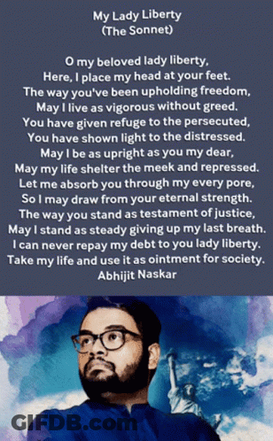 Man In Glasses In Front Of Statue Of Liberty In My Lady Liberty Poem GIF