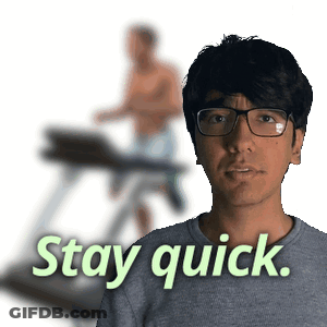 Man In Glasses Standing In Front Of Treadmill Saying Stay Quick GIF