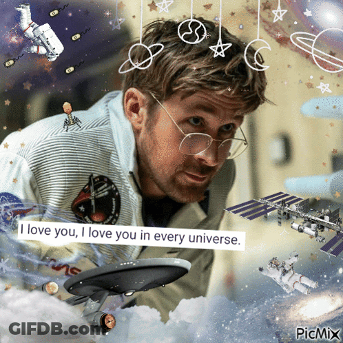 Man In Glasses Surrounded By Space Objects Says I Love You In Every Universe GIF