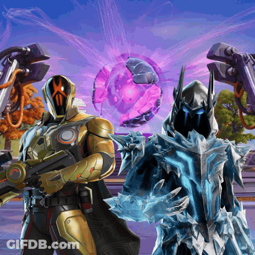 Man In Gold Armor Holding Gun Next To Man In Blue Armor GIF
