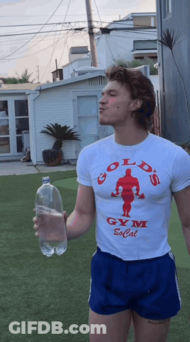 Man In Gold S Gym Shirt Drinking Water GIF