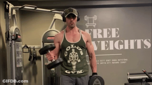Man In Gold's Gym Tank Top Lifting Dumbbells GIF