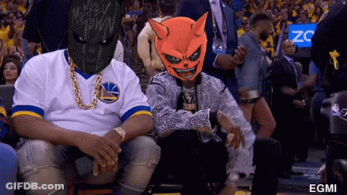Man In Golden State Warriors Jersey Beside Man In Mask GIF