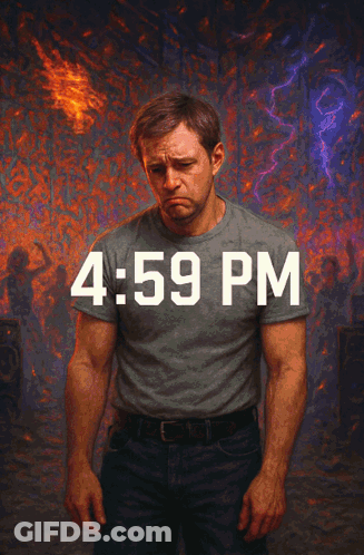 Man In Gray Shirt In Front Of Painting Saying 4:59 PM GIF