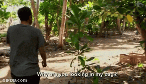 Man In Gray Shirt Walking Through Woods Asking Why Are You Looking In My Bag GIF