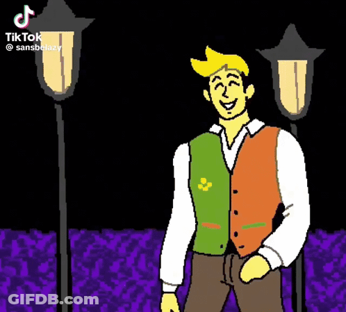 Man In Green And Orange Vest Next To Lamp Post GIF