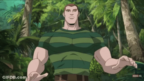 Man In Green And White Striped Shirt With Marvel HQ Logo GIF