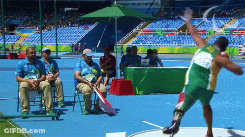 Man In Green And Yellow Uniform Throwing Shot Put GIF