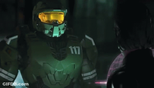 Man In Green Armor 117 Talking To Another Man GIF
