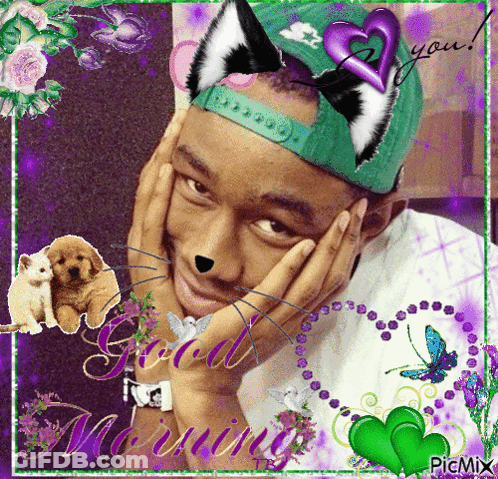 Man In Green Cat Ears Hat Saying Good Morning GIF
