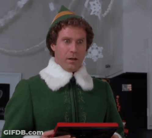 Man In Green Elf Costume Surprised With Red Box GIF