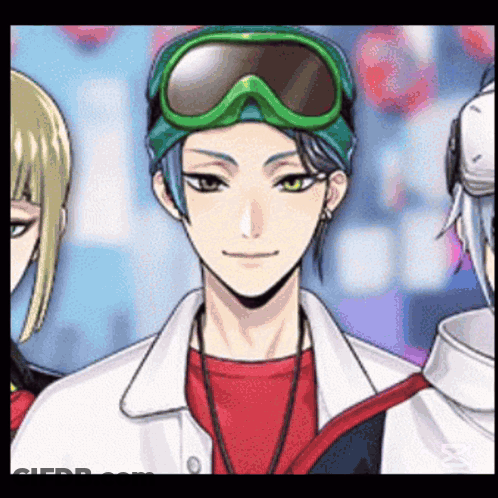 Man In Green Goggles And Red Shirt With Two Men GIF