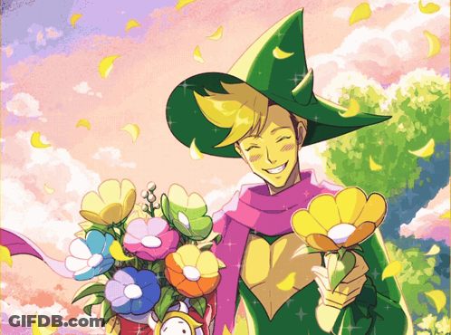 Man In Green Hat Holding Colorful Flowers GIF