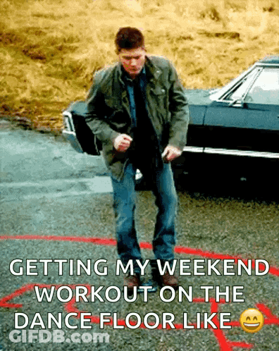 Man In Green Jacket Dancing By Black Car: Getting My Weekend Workout On The Dance Floor Like GIF