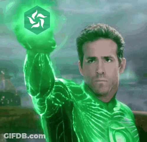 Man In Green Lantern Costume Holding Green Cube GIF