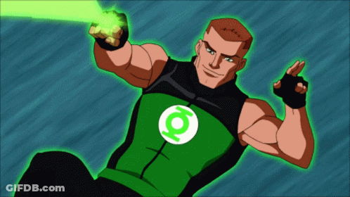Man In Green Lantern Costume Holding Green Light GIF