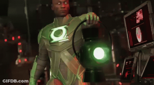 Man In Green Lantern Costume Holding Lantern GIF