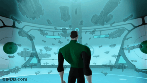 Man In Green Lantern Costume In Front Of Screen GIF